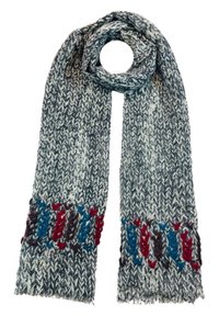 Écharpe tissée en bleu et crème avec un motif en chevrons ; présente des accents colorés en rouge, bleu et marron aux deux extrémités ; bords à franges.