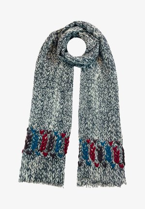 Écharpe tissée en bleu et crème avec un motif en chevrons ; présente des accents colorés en rouge, bleu et marron aux deux extrémités ; bords à franges.