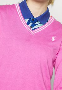 Růžový pletený svetr s designem do V, který má bílé pruhy na límci. Nositý přes modrou košilovou košili s květinovým vzorem.