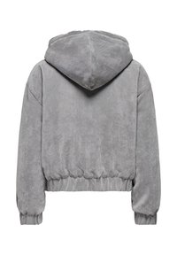 Hall halli korduroost kapuutsiga fliisjärvega, elastse vöökohaga ja varrukatega. Omadused: suur kapuuts ja soonikud varrukaserval. Tagantvaade näitab taskute puudumist.