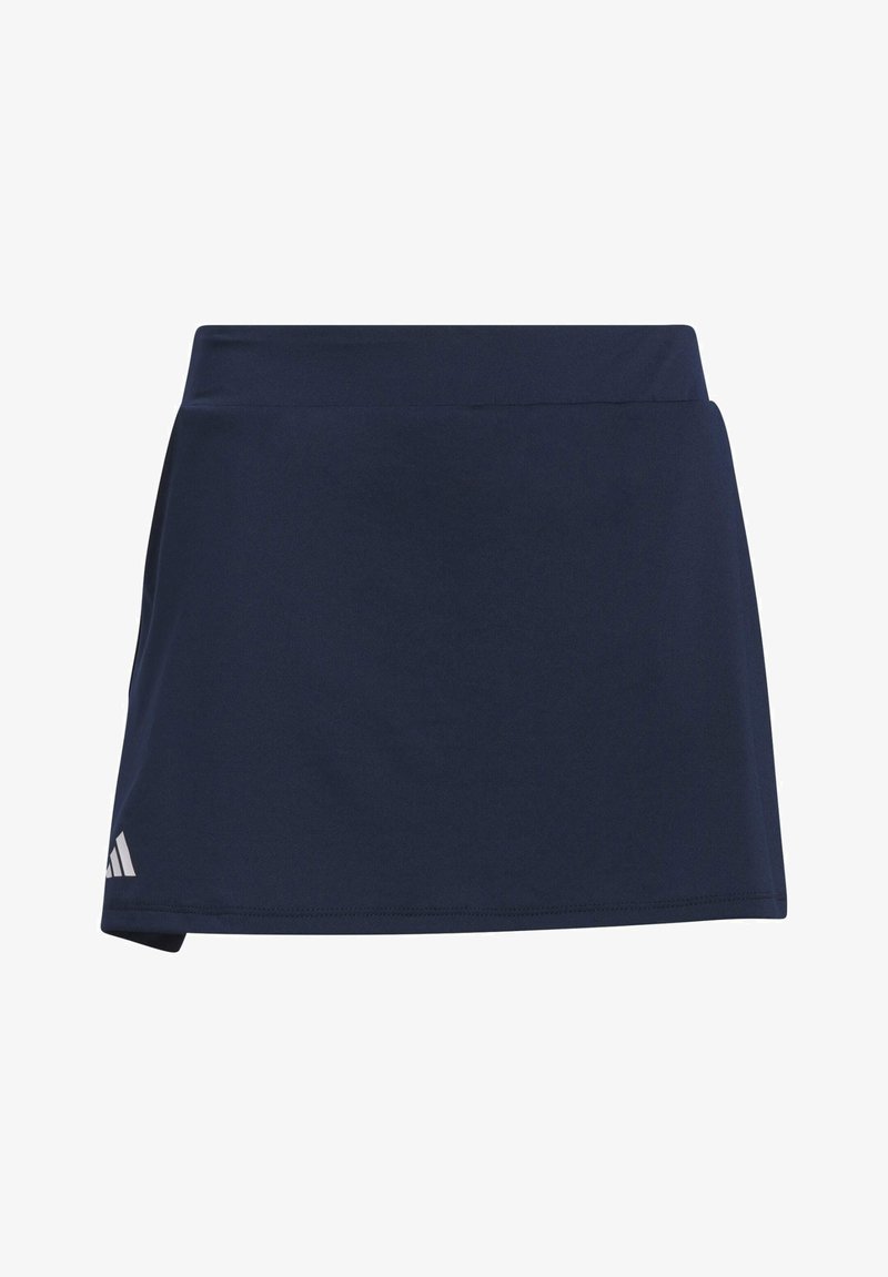 Navyblaue Sportrock aus elastischem Material, mit kurzer Länge und sanfter A-Linie, mit einem kleinen weißen Logo am Saum.