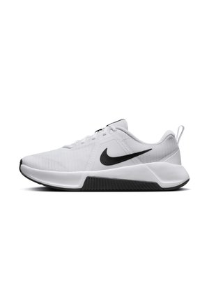 Chaussure de course Nike blanche avec logo swoosh noir, accents noirs sur la semelle et dessus en mesh, vue de profil sur fond blanc.