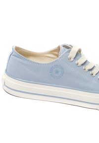 Heled sinine kanvasist tennisejoss, millel on puuvillased paelad, valged kummist tallad ja ümar logo detail külgedel. Sile tekstuur, madal lõige.