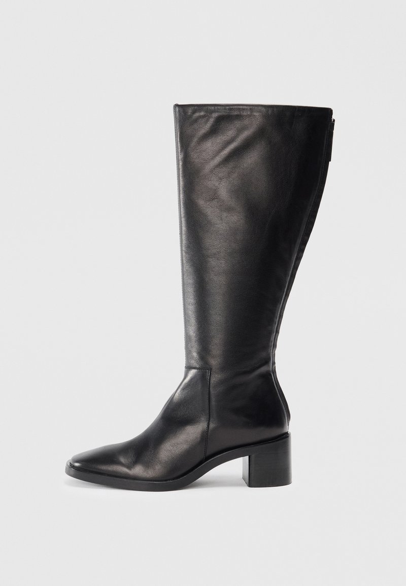 Black leather knee-high boot with a square toe, block heel, and sleek design. Smooth texture with a side zip for easy wear.