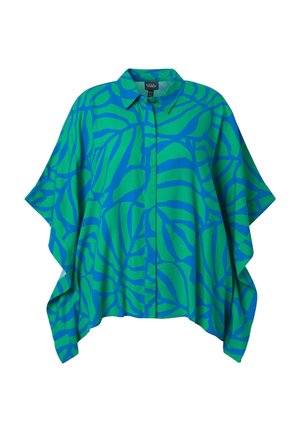 Losse blouse in poncho-stijl met een groen en blauw patroon, voorzien van een kraag en verborgen knopen aan de voorkant.