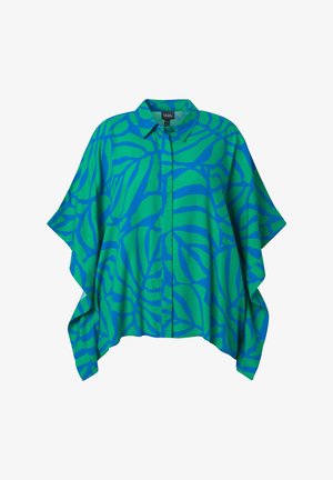 Luźna bluzka w stylu poncho w zielono-niebieskie wzory, z kołnierzykiem i ukrytymi guzikami z przodu.