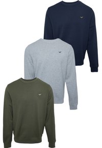 Drei Sweatshirts vertikal angeordnet: olivgrün, hellgrau und marineblau. Jedes hat einen Rundhalsausschnitt und ein kleines Logo auf der Brust.