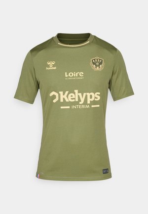 Olivengrønn Saint-Étienne fotballdrakt med beige sponsorlogoer og klubbmerket på brystet.