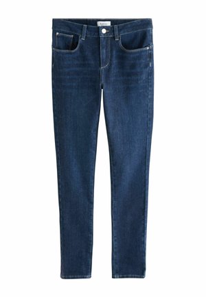 Tmavomodré úzke rifle s predným zapínaním na gombík a zips, dizajnom s piatimi vreckami a pútkami na opasok.