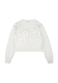 Cardigan blanc court à manches longues, avec un col rond et un design en sequins sur le devant. Texture tricot douce, fermeture à boutons.