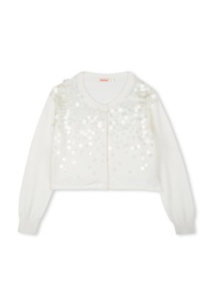 Weißer, kurzes Cardigan mit langen Ärmeln, runder Ausschnitt und einem Paillettenmuster auf der Vorderseite. Weicher Strickstoff, Knopfverschluss.