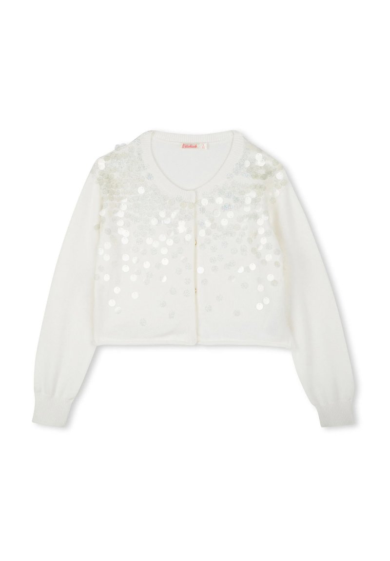 Cardigan blanc court à manches longues, avec un col rond et un design en sequins sur le devant. Texture tricot douce, fermeture à boutons.