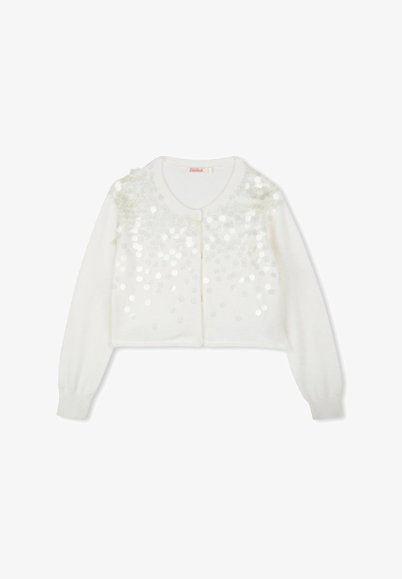 Cardigan blanc court à manches longues, avec un col rond et un design en sequins sur le devant. Texture tricot douce, fermeture à boutons.
