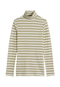 Długi rękaw z golfem w poziome pasy w kolorze oliwkowej zieleni i białym na przemian. Wykonany z miękkiego materiału o luźnym kroju.