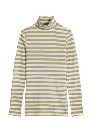 Langärmeliges Rollkragenoberteil mit abwechselnden olivgrünen und weißen horizontalen Streifen. Hergestellt aus weichem Stoff mit lockerer Passform.