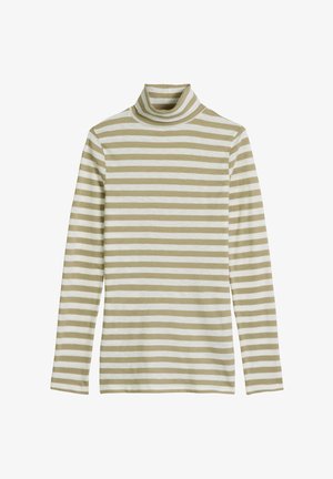 Długi rękaw z golfem w poziome pasy w kolorze oliwkowej zieleni i białym na przemian. Wykonany z miękkiego materiału o luźnym kroju.