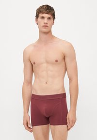 Oberkörperfreier Mann in enganliegenden burgunderfarbenen Boxershorts mit Logo-Gummibund, der vor einem schlichten weißen Hintergrund steht.