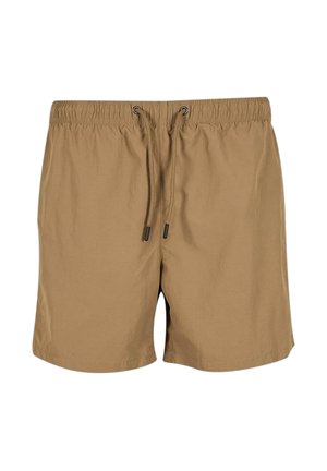 Pruunid ujumispüksid elastse vöökoha, nööriga kinnituse ja kerge, siledapinnaga tekstuuriga. Omab lihtsat disaini ilma mustriteta.