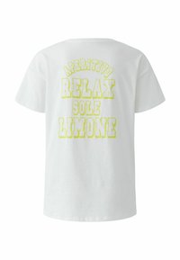 White short-sleeve T-shirt with yellow text on the back reading "APERITIVO RELAX SOLE LIMONE" in large block letters.