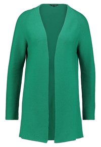 Grüne Strickjacke mit langen Ärmeln, offenem Vorderteil, geripptem Muster und lässiger Silhouette.