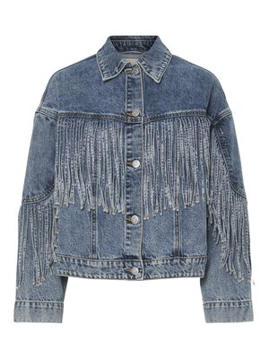Veste en jean bleue avec boutons argentés et longs détails en franges sur la poitrine et les manches, devant boutonné et col classique.
