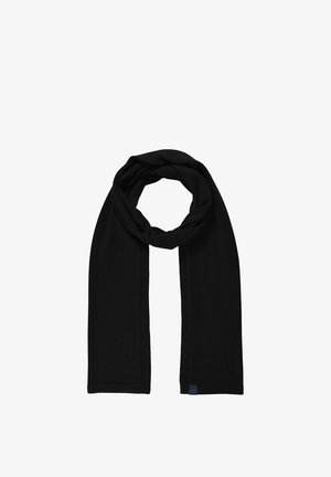 Schwarzer Schal aus weichem Stoff, mit glatter Textur und schlichtem, länglichem Design. Die Säume sind sauber verarbeitet und mit einem kleinen Etikett versehen.