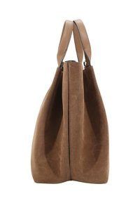 Borsa tote in suede marrone con manici in pelle liscia, mostrata di lato su uno sfondo bianco.