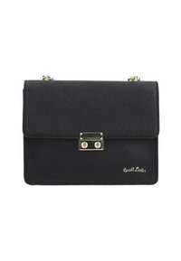 Borsa a mano in ecopelle nera con superficie texture, hardware dorato, chiusura a pattina e logo nell'angolo in basso a destra.
