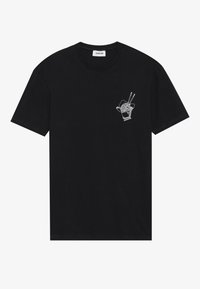 Svart bomullströja med en vit grafisk design av en takeout-behållare med ätpinnar på vänster bröstområde. Rund halsringning, kort ärm.