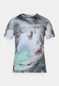 Kurzarm-Sportshirt in hellgrün, schwarz und weiß mit einem strukturierten, abstrakten Muster und Logo auf der Vorderseite.