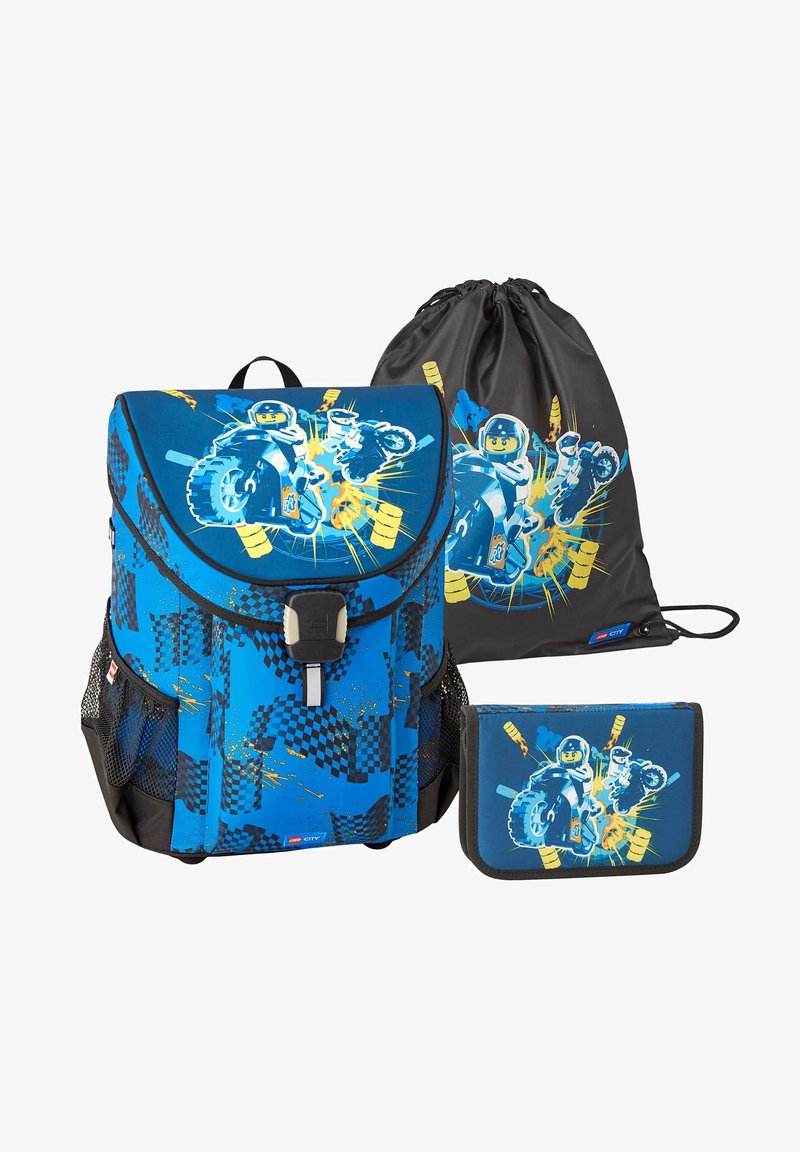 Children's backpack set featuring a blue backpack with a graphic design of motocross riders, mesh side pockets, black drawstring bag, and matching wallet.