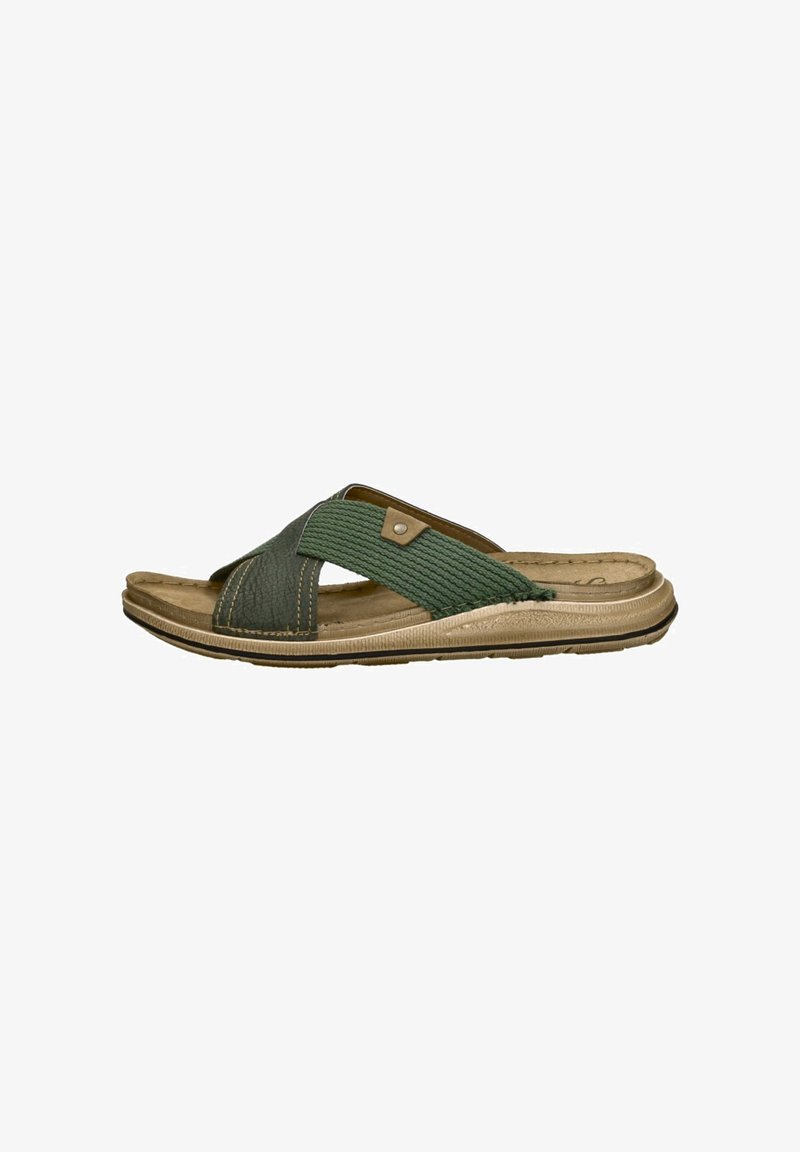 Groene schuursandaal met een cross-strap ontwerp, afgewerkt met textiel, lederen accenten en een stevige rubberen zool. Vlak en casual stijl.