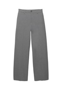 Pantalon gris à jambes larges avec bouton et passants pour ceinture, conçu pour une coupe décontractée et un port formel ou professionnel décontracté.