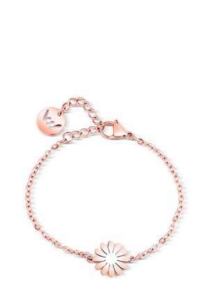 Náramek z růžového zlata s květinovým vzorem uprostřed a kulatým přívěskem. Obsahuje karabinkový zapínání a nastavitelné délky.