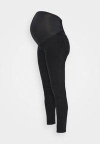 Calças de maternidade pretas com uma cintura alta e elástica, design slim-fit e estilo clássico de cinco bolsos. Tecido de denim macio.