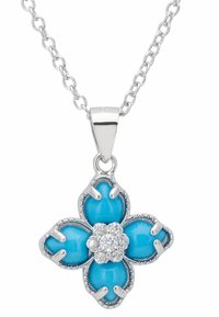 Srebrny naszyjnik z kwiatowym wisiorem, ozdobiony czterema turkusowymi kamieniami w kształcie łzy oraz centralnym skupiskiem małych przezroczystych kryształków.
