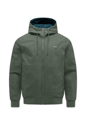 Grüne leichte Kapuzenjacke mit durchgehendem Reißverschluss, Kordelzug, zwei Seitentaschen sowie gerippten Bündchen und Saum.