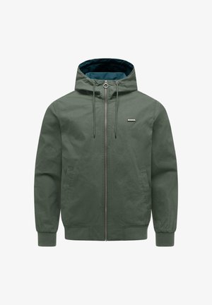 Groene lichtgewicht jas met capuchon, voorzien van een ritssluiting aan de voorkant, trekkoorden, twee zijzakken en geribbelde manchetten en zoom.
