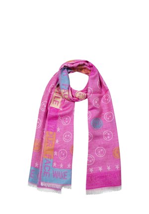 Roze sjaal met sterren- en smiley-patronen, en kleurrijke tekst met de tekst "WAKE UP YOUR FACE" langs de randen, met franjes aan de uiteinden.
