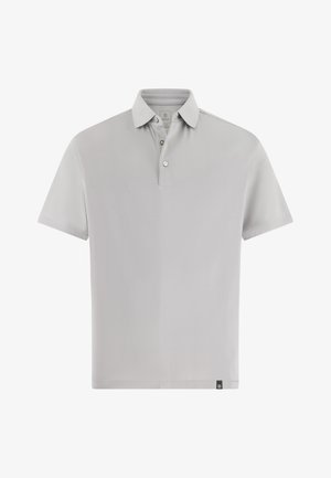 Szara koszulka polo z krótkim rękawem wykonana z gładkiej tkaniny. Posiada klasyczny kołnierzyk, rozporki na dwa guziki oraz małą, markową metkę na dole.