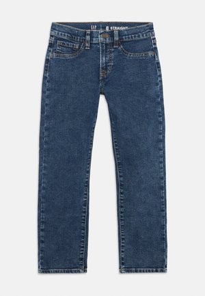 Mørkeblå jeans med rette ben, frontlommer, beltehemper, knappelukking og synlige sømmer på hvit bakgrunn.
