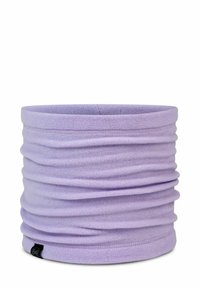 Gaiter de cuello de forro polar morado con una textura suave, que presenta un diseño recogido y una pequeña etiqueta de la marca en el borde inferior.