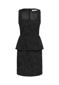 Robe sans manches en bleu marine foncé avec une texture florale. Présente un décolleté carré et une fermeture éclair dans le dos. Coupe ajustée.