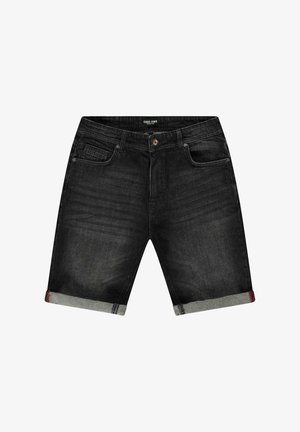 Zwarte denim shorts met een omgeslagen zoom, voorzakken en een klein logo op de tailleband. Voorzien van een koperen knoopsluiting en contrasterende stiksels.