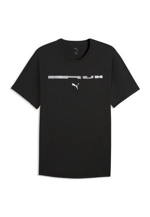 Black short-sleeve t-shirt with white Puma logo and stylized horizontal striped text across the chest.