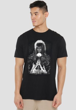 Black cotton t-shirt featuring a detailed black-and-white graphic print with characters and imagery from a fantasy-themed design.