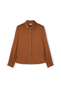 Braune, langärmlige Bluse mit klassischem Kragen, goldenen Knopfverschlüssen und gerafften Manschetten; aus einem glatten, leichten Stoff gefertigt.