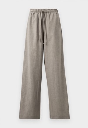 Heledad hallhalli, avarad püksid, mis on valmistatud tekstureeritud kangast, elastse vöökoha ja reguleeritava paelaga sobivuse jaoks.