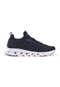 Zapato deportivo de malla azul marino con parte superior texturizada, suela blanca acolchada y cierre de cordones. Presenta materiales transpirables y una lengüeta en el talón.