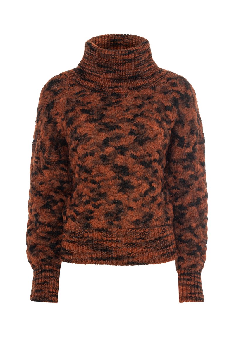 Maglione a collo alto arancione e nero con un motivo testurizzato, dotato di polsini e orlo a coste, realizzato in un tessuto lavorato spesso.